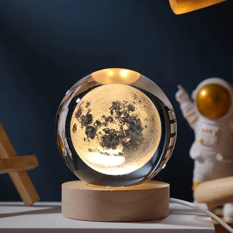 3D Moon/Sky Crystal Ball Night Lamp - Wooden Base Crystal Ball